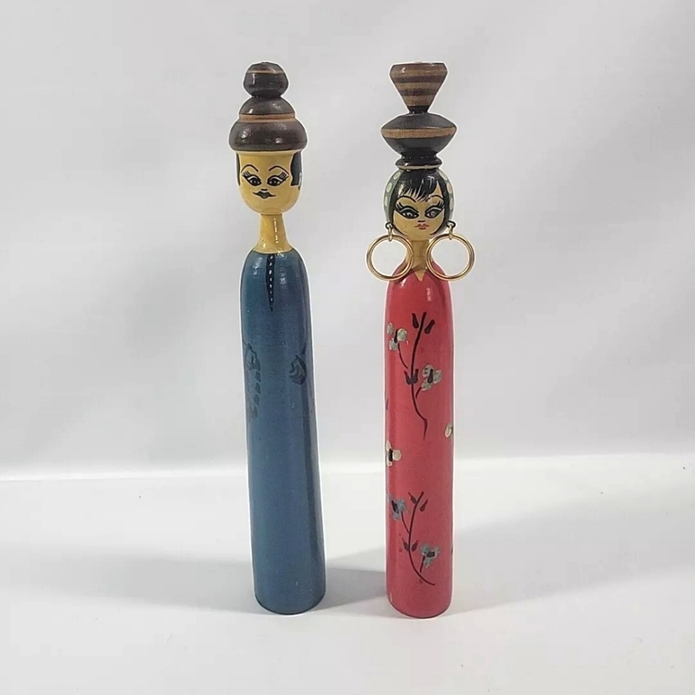 Vintage Wooden Japanese Kokeshi Doll Couple Handpainted Souvenir Good Luck